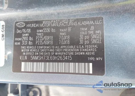 2009 Hyundai Santa Fe Limited from USA, damaged, VIN 5NMSH73E69H263415